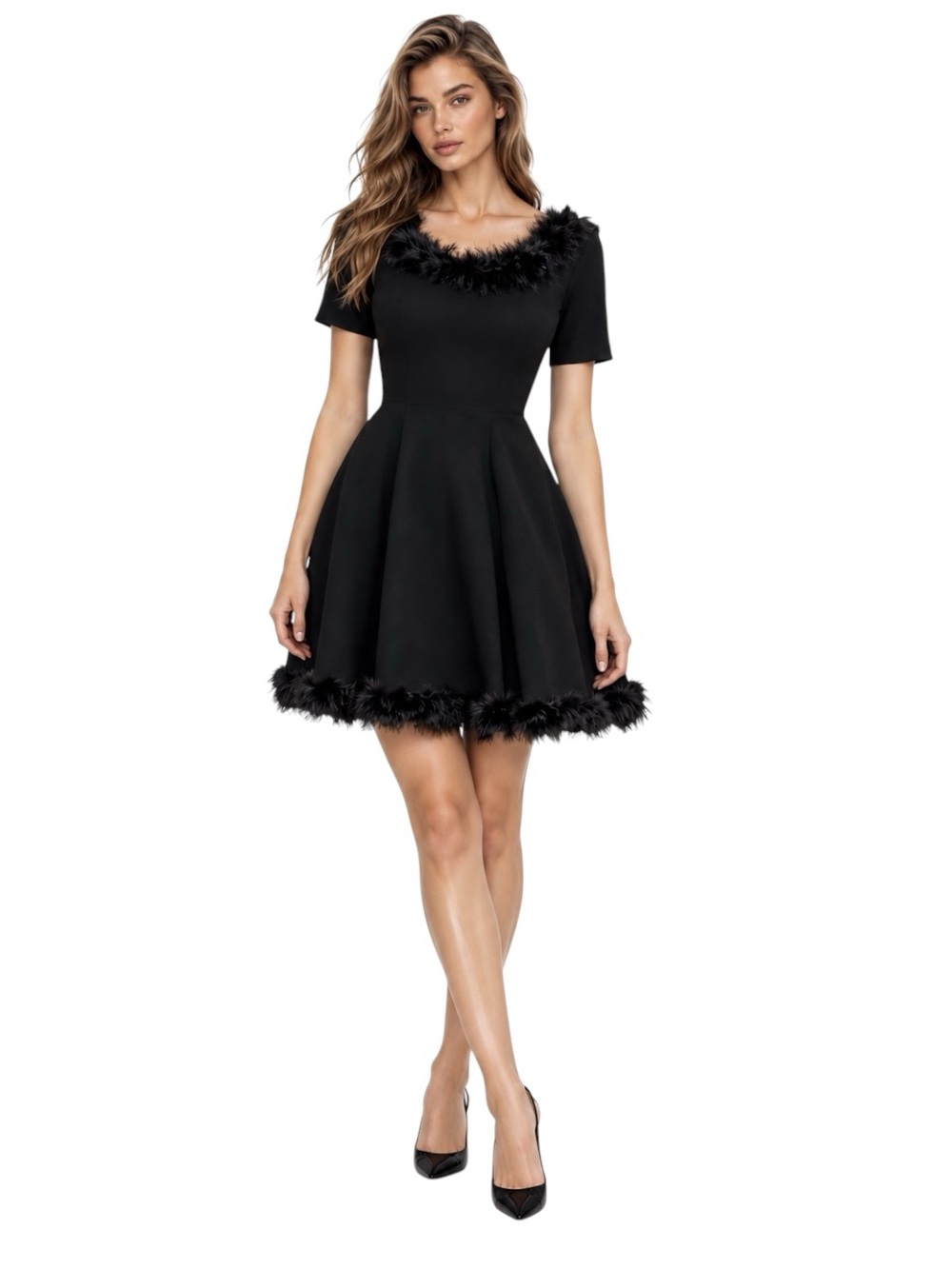 Merve Facette Vintage Black Feather Trim Fit and Flare Cocktail Dress Size Small